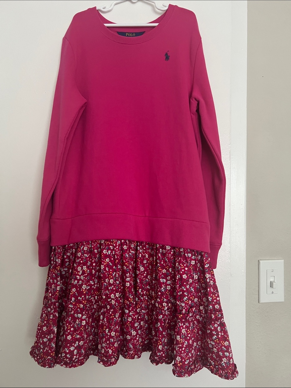 Polo Ralph Lauren Girls’ Large 12/14 Hot Pink Sweatshirt Dress Floral Skirt NWOT